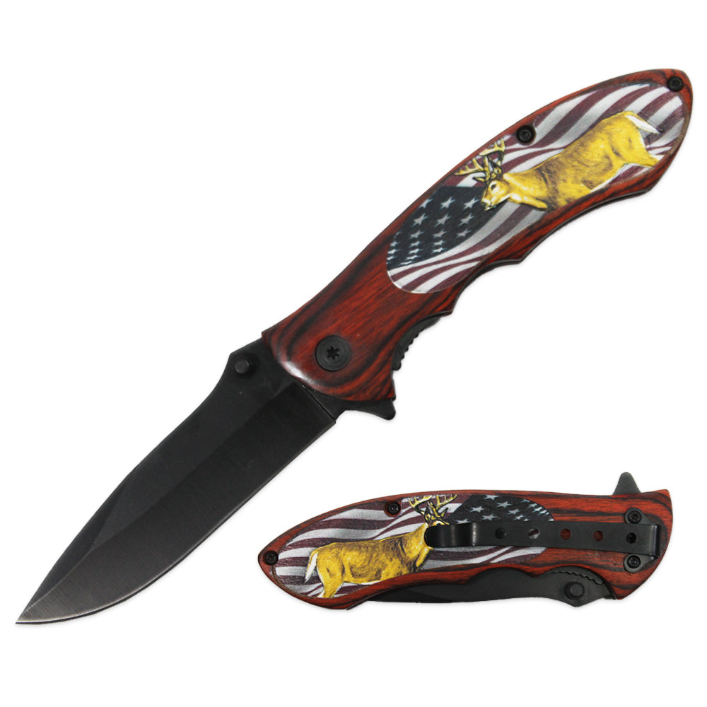 KN 1911-USD 4.5" USA Flag Wildlife Deer Assist-Open Folding Knife with Belt Clip - Bladevip