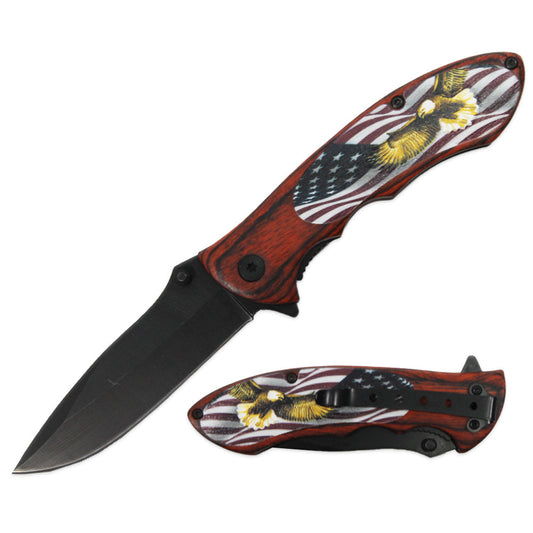 KN 1911-USE 4.5" USA Flag Wildlife Eagle Assist-Open Folding Knife with Belt Clip - Bladevip