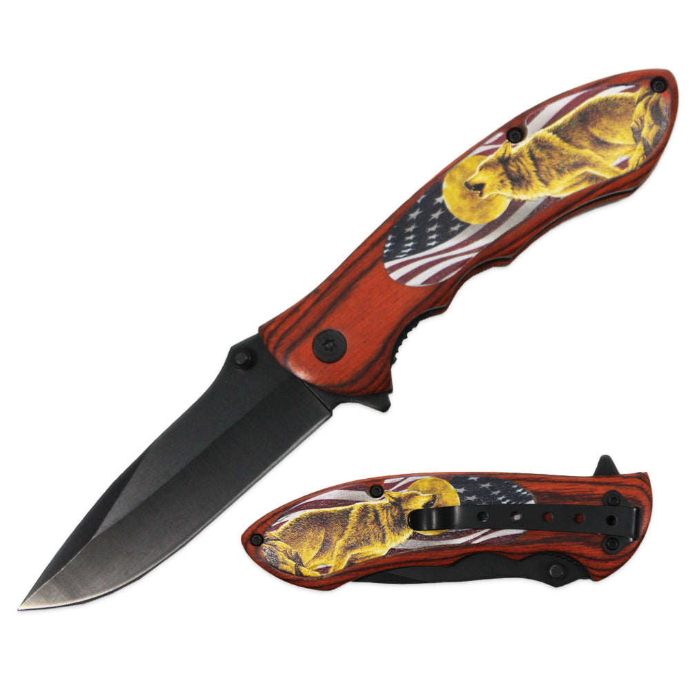 KN 1911-USW 4.5" USA Flag Wildlife Wolf Assist-Open Folding Knife with Belt Clip - Bladevip