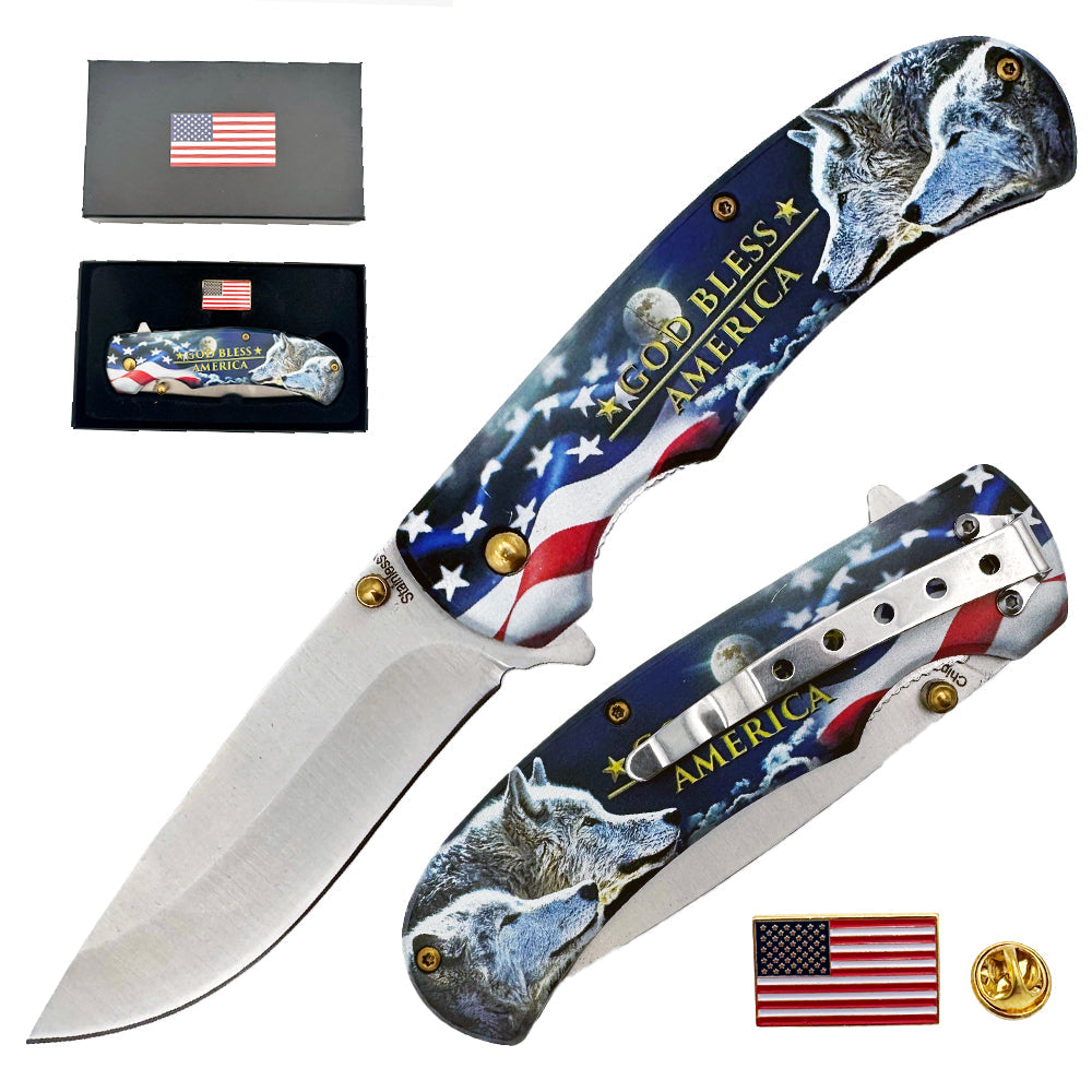 KN 1971-W 4.75 inch God Bless America Wildlife Wolf Outdoor Camping Tool Multifunctional Fruit Folding Knife