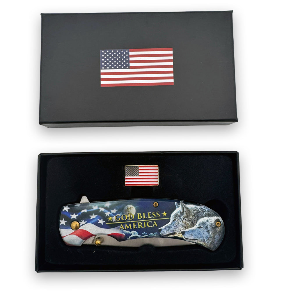 KN 1971-W 4.75 inch God Bless America Wildlife Wolf Outdoor Camping Tool Multifunctional Fruit Folding Knife - view 2