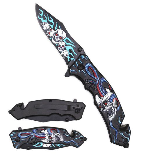 KS 1071-BL 4" Blue Flaming Skull Snake Handle Assist-Open Rescue Knife with Belt Cutter & Glass Breaker
