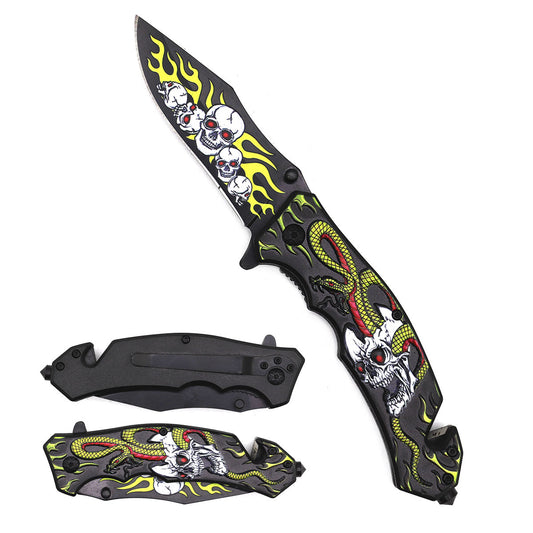 KS 1071-YL 4" Yellow Flaming Skull Snake Handle Assist-Open Rescue Knife with Belt Cutter & Glass Breaker
