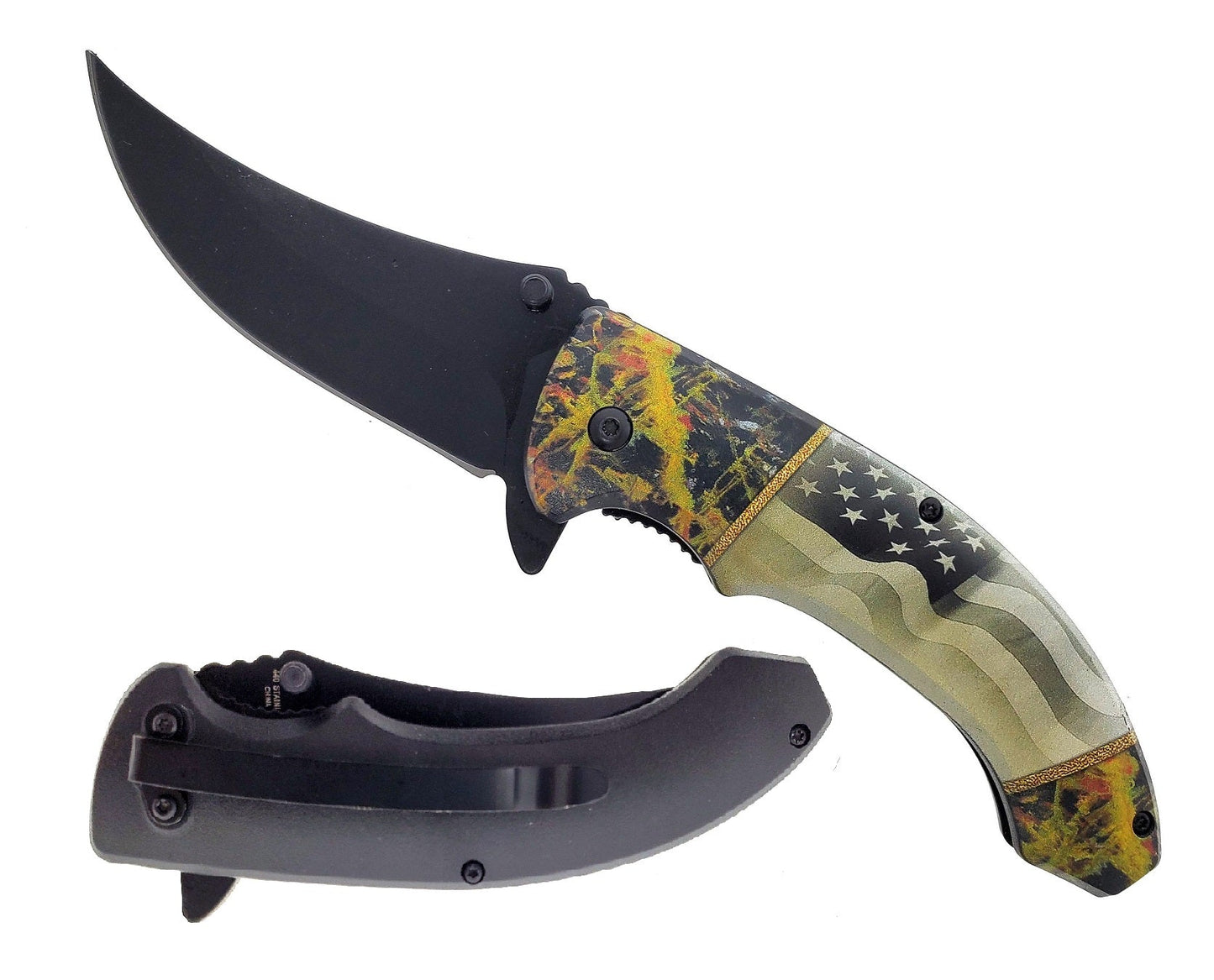 KS 1101-UF 4.75" USA Flag Woodland Handle Trailing Point Blade Assist-Open Folding Knife - Bladevip