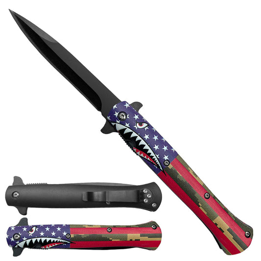 KS 1157-SH1 5" Shark Teeth WW2 Plane USA Flag Assist-Open Slim Handle Folding Pocket Knife