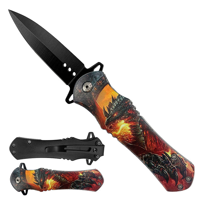 4.63" Flames Dragon Print Handle Assist-Open Spear Point Blade Folding Knife with Pocket Clip - Bladevip