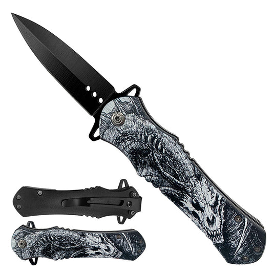 KS 1204-DG2 4.63" Dragon of Death Print Handle Assist-Open Spear Point Blade Folding Knife with Pocket Clip