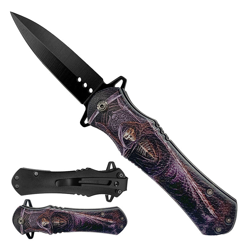 KS 1204-GR 4.63" Hooded Skeleton Print Handle Assist-Open Spear Point Blade Folding Knife with Pocket Clip - Bladevip