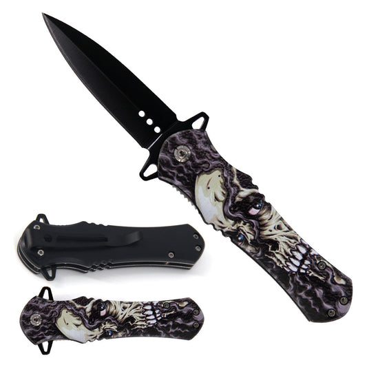 4.63" Smoking Skull Print Handle Assist-Open Spear Point Blade Folding Knife with Pocket Clip - Bladevip