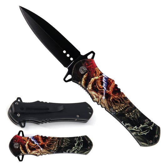 4.63" Punished Skeleton Print Handle Assist-Open Spear Point Blade Folding Knife with Pocket Clip - Bladevip