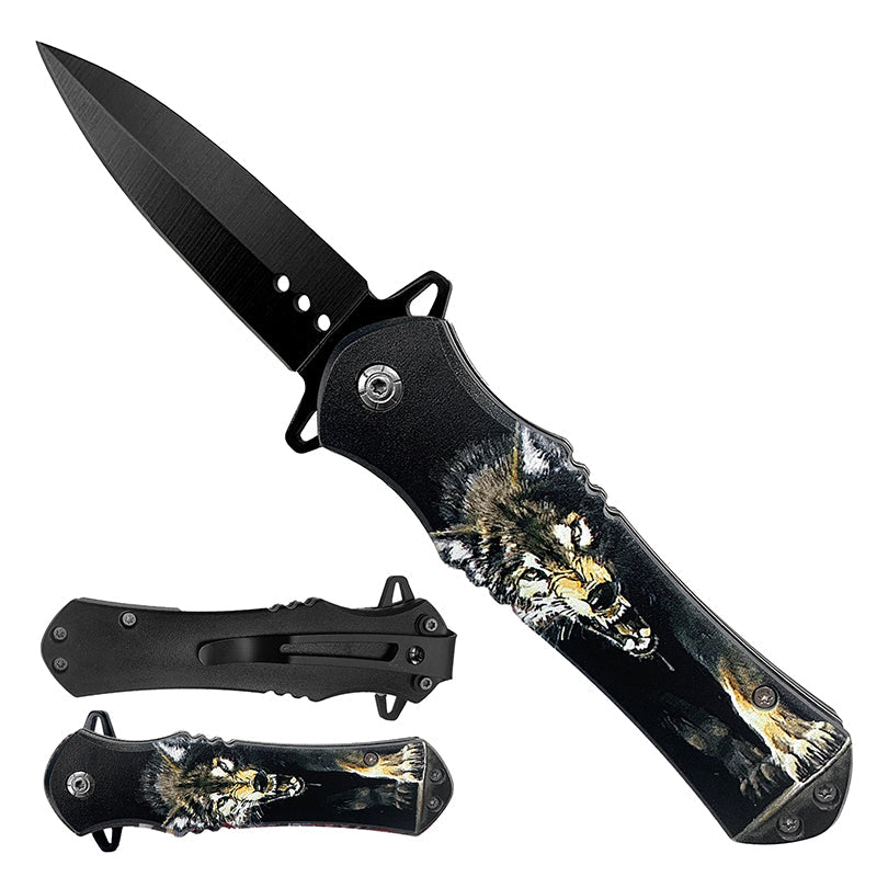 4.63" Wolf Print Handle Assist-Open Spear Point Blade Folding Knife with Pocket Clip