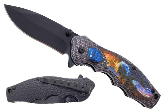 4.5" 3D Grey Blue Fantasy Dragon Assist-Open Folding Knife - Bladevip