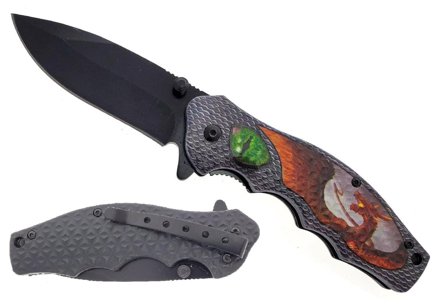 KS 1331-DG8 4.5" 3D Grey Green Eye Fantasy Dragon Assist-Open Folding Knife - Bladevip