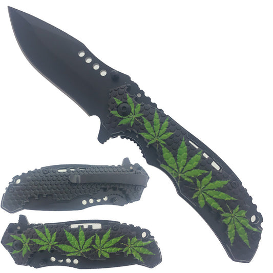 KS 1696-BGN 4.5" Marijuana Leaf Honeycomb Folding Assist-Open Pocket Knife - Bladevip