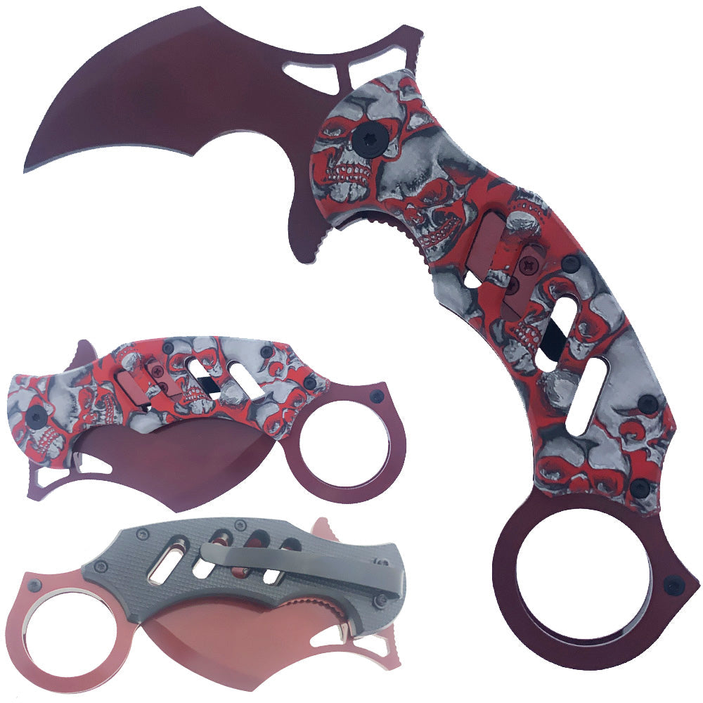 KS 1747-SK 5" Red Skull Handle Assist-Open Karambit Folding Knife - Bladevip