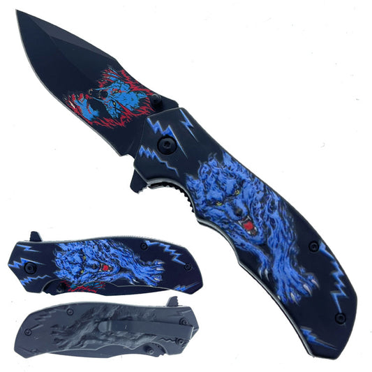 KS 1927-BL 4.5" Blue Wild Wolf 3D Texture Handle Assist-Open Folding Knife