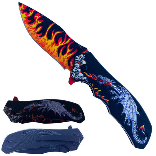 KS 1934-SL 4.5" Silver Dragon Flames 3D Texture Handle Assist-Open Folding Knife