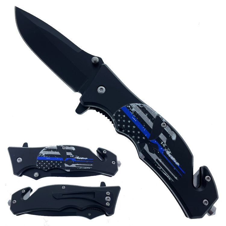 KS 1937-3 4.5" Blue Stripe Skull Handle Assist-Open Tactical Folding Knife - Bladevip