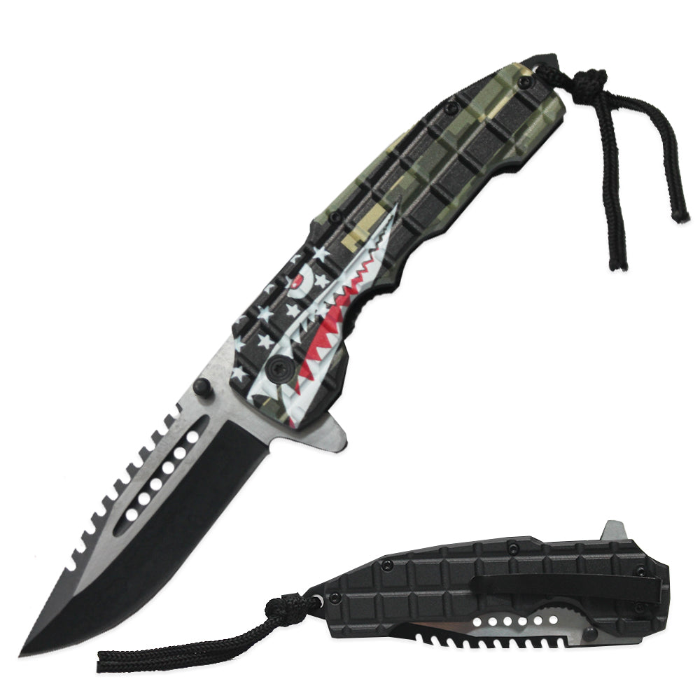 5" Shark Teeth Camo Assist-Open Tactical Folding Knife with Paracord - Bladevip