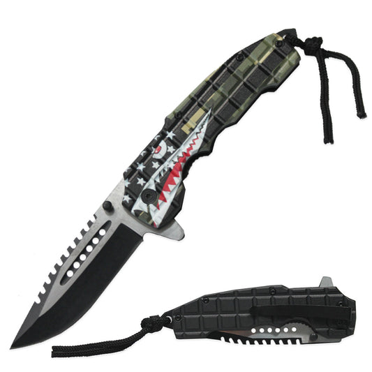 5" Shark Teeth Camo Assist-Open Tactical Folding Knife with Paracord