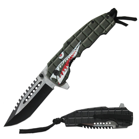 KS 1979-SH2 5" Shark Teeth Green Assist-Open Tactical Folding Knife with Paracord