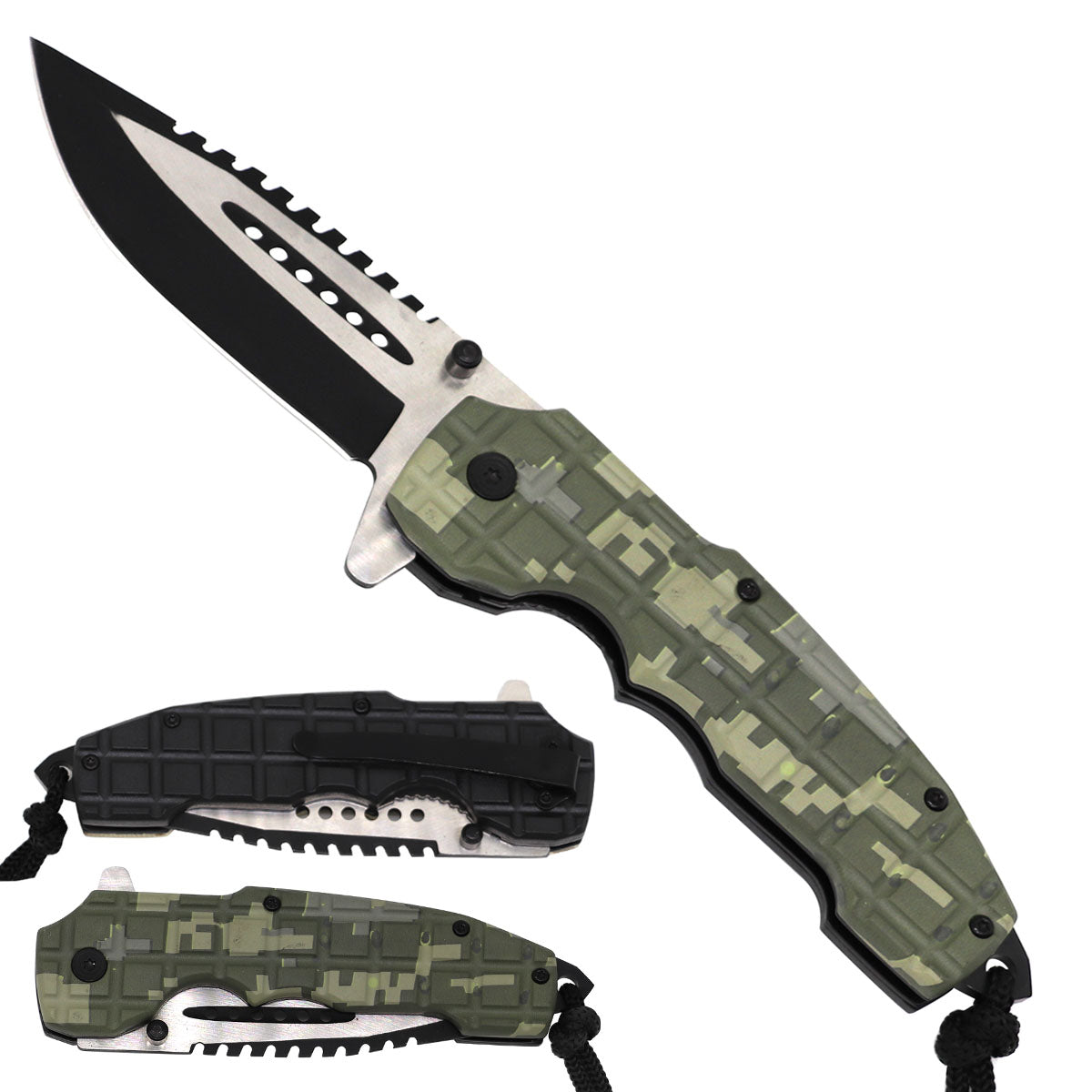KS 1979-AD 5 inch Green Camo Outdoor Camping Tool Multifunctional Fruit Tactical Folding Knife with Paracord