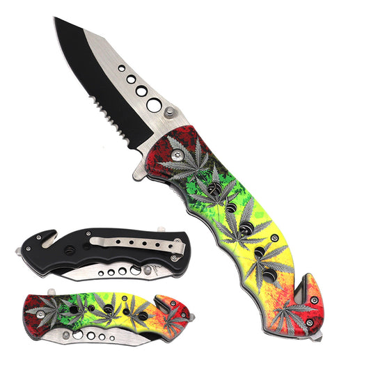 KS 1981-MM2 5" Marijuana Leaves Serrated Assist-Open Tactical Folding Knife - Bladevip