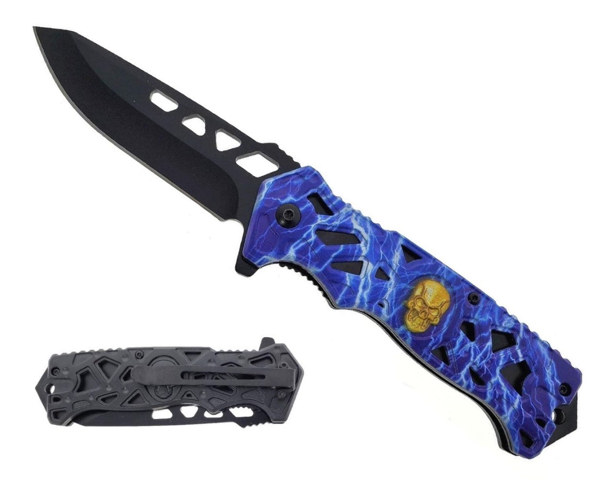 KS 2451-BL 4.5" Blue Lighting Skull Handle Assist-Open Tactical Folding Knife - Bladevip