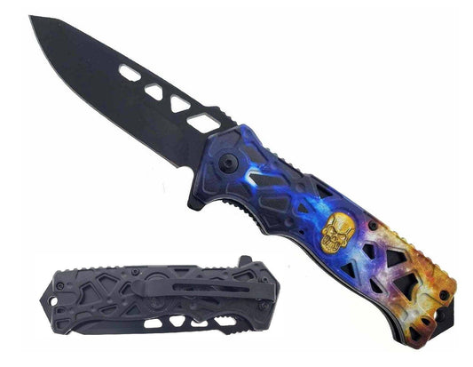 KS 2451-BY 4.5" Blue Yellow Space Skull Handle Assist-Open Tactical Folding Knife - Bladevip