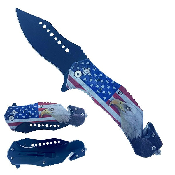 4.75" Handle ABS Inlaid USA Flag Eagle Assist-Open Folding Knife