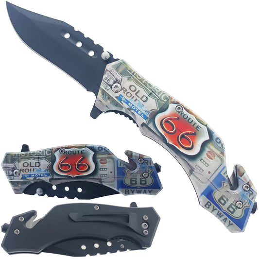 KS 31309-2 4.5" Spring Assisted American Heritage Rescue Folding Pocket Knife - Classic Route 66 - Bladevip