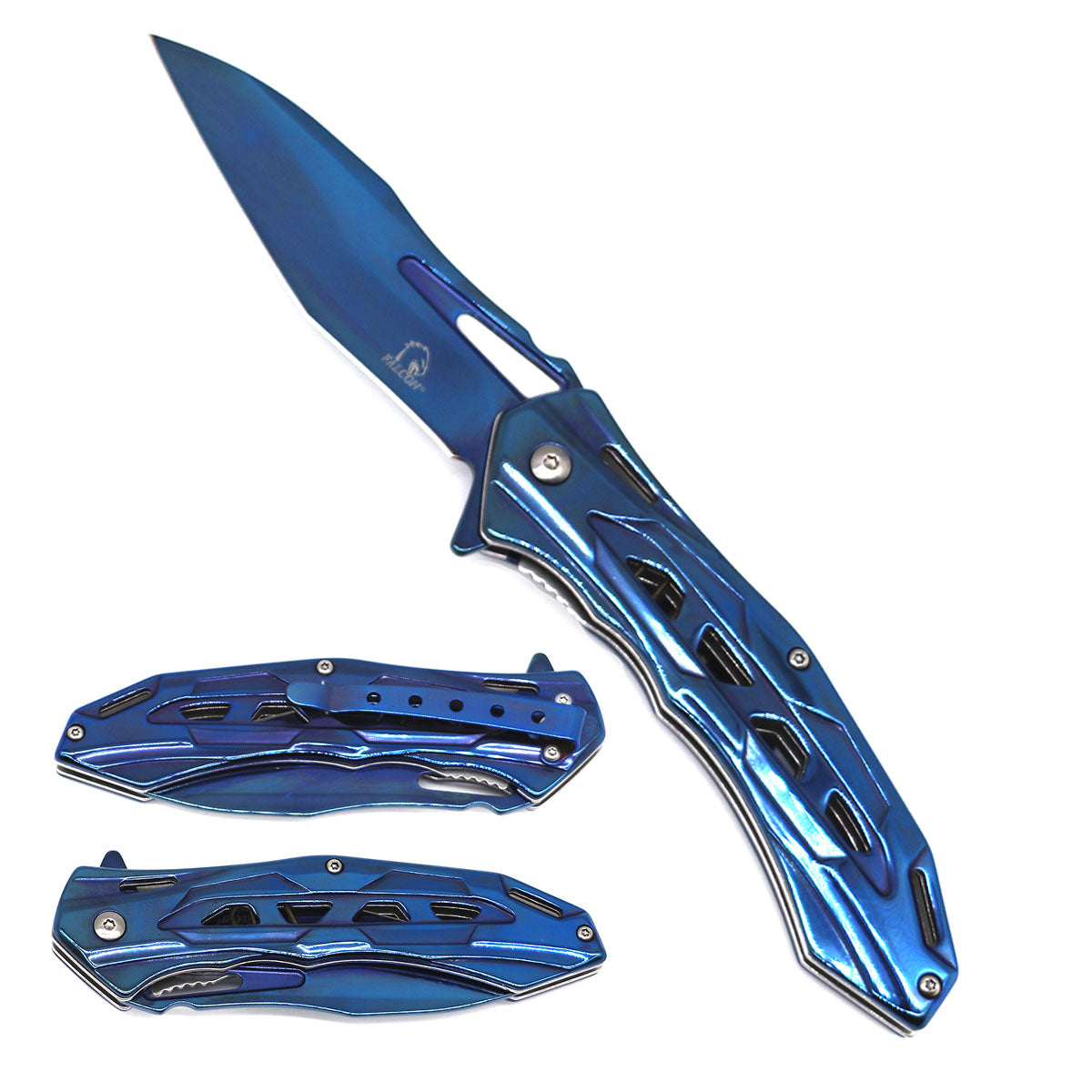 KS 3626-BL 4.75" Blue Sleek Stainless Steel Folding Pocket Knife with Belt Clip - Bladevip