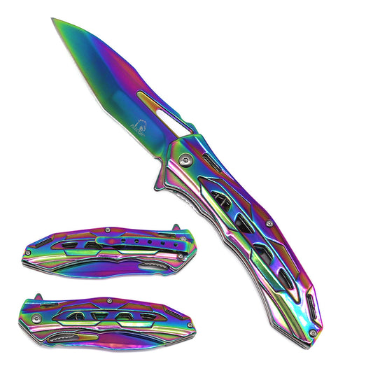 KS 3626-RB 4.75" Rainbow Sleek Stainless Steel Folding Pocket Knife with Belt Clip