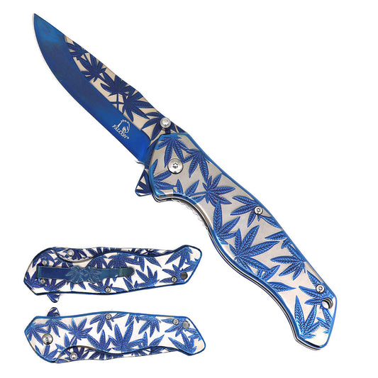 KS 3779-BL 4.75" Titanium Blue Marijuana Leaf Assist-Open Pocket Knife