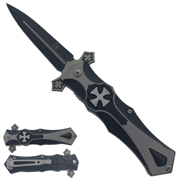 KS 5441-BKCH 4.5" Black & Chrome Cross Handle Assist-Open Knife with Belt Clip - Bladevip