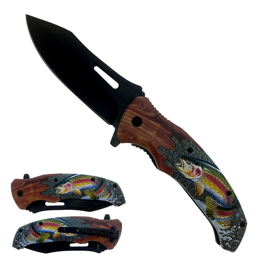 KS 6309-TR 4.5" Black Blade Trout Fish Handle Assist Open Folding Knife