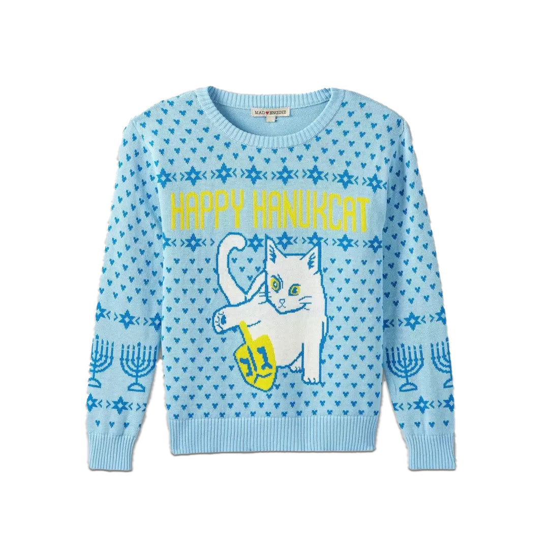 Kid's Youth Light Blue Toddler Happy Hanukkah Cat Sweater Pullover