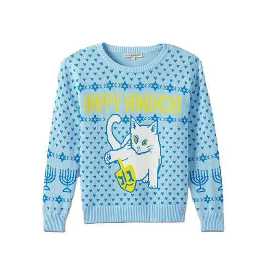 Kid's Youth Light Blue Toddler Happy Hanukkah Cat Sweater Pullover - Bladevip