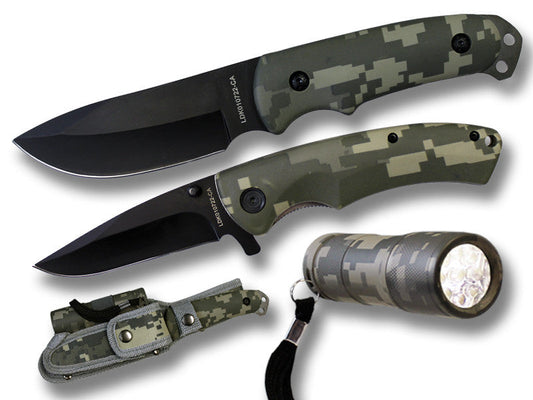 LDK 010722-CA 3 PC Hunting & Folding Knife with LED Flashlight & Tactical Sheath