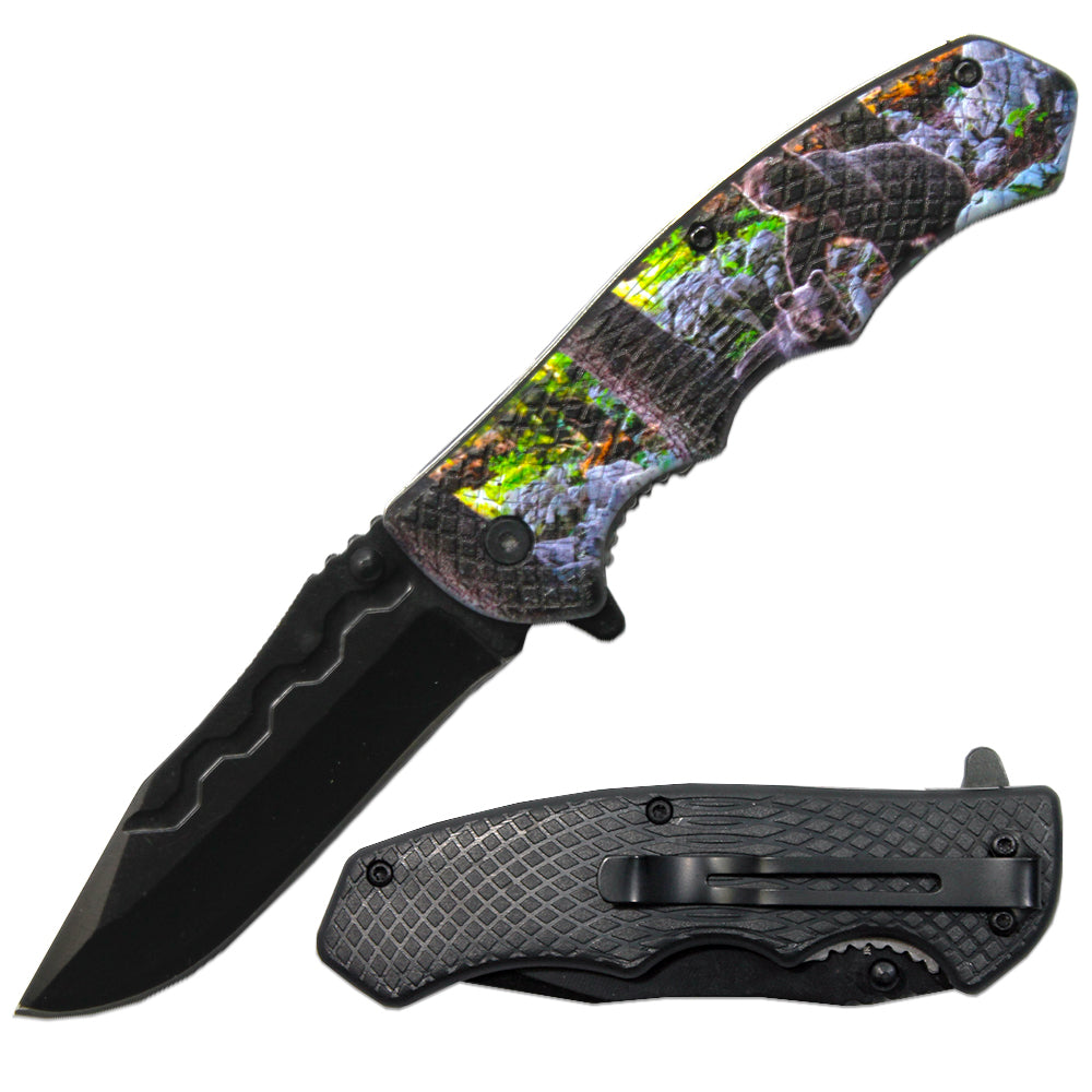 LQ 3279-BR1 4.5" Textured Bear Handle Assist-Open Folding Knife with Belt Clip - Bladevip