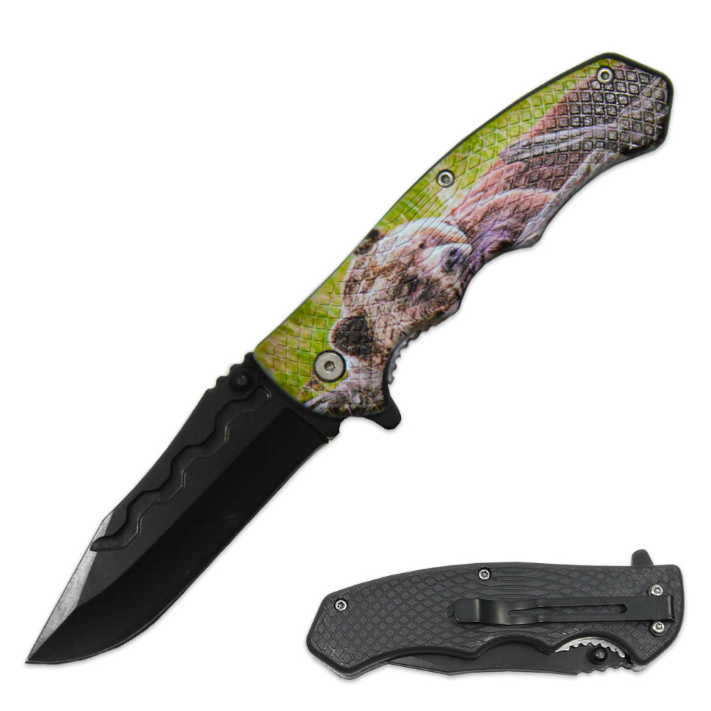 LQ 3279-BR2 4.5" Textured Bear Handle Assist-Open Folding Knife with Belt Clip - Bladevip