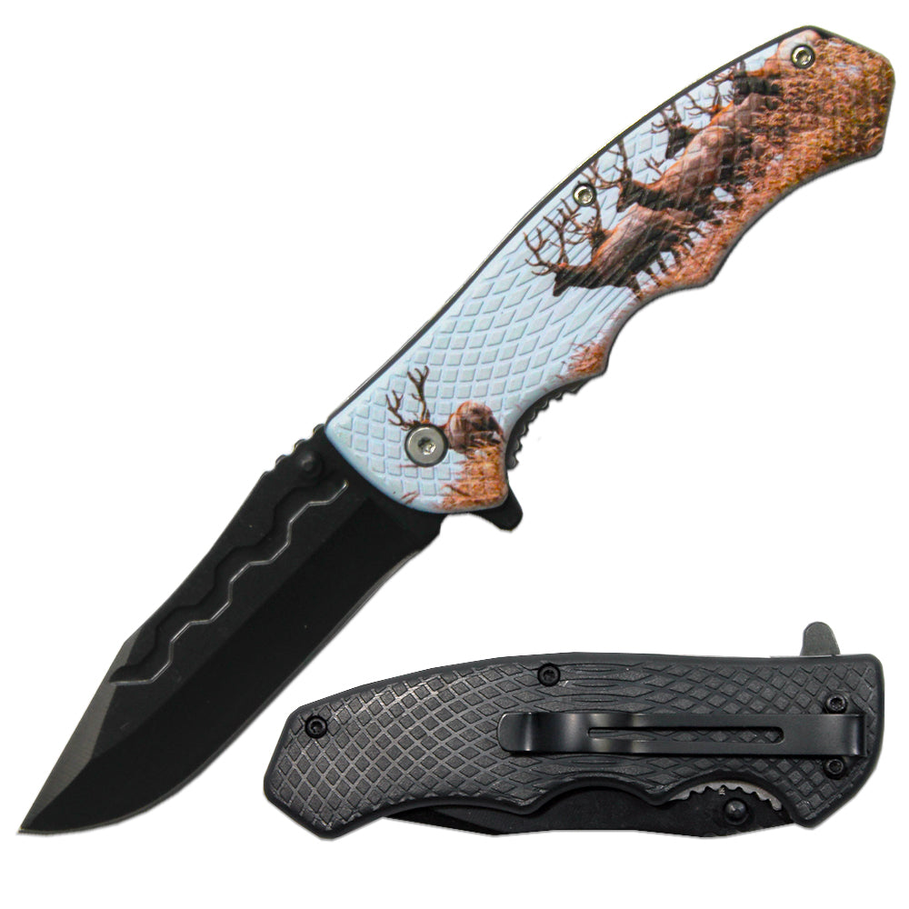 LQ 3279-DE 4.5" Textured Deer Handle Assist-Open Folding Knife with Belt Clip - Bladevip