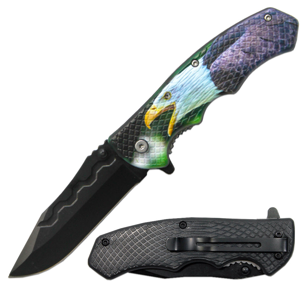 LQ 3279-E1 4.5" Textured Eagle Handle Assist-Open Folding Knife with Belt Clip - Bladevip