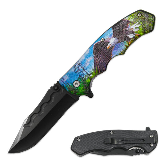 LQ 3279-E2 4.5" Textured Eagle Handle Assist-Open Folding Knife with Belt Clip - Bladevip