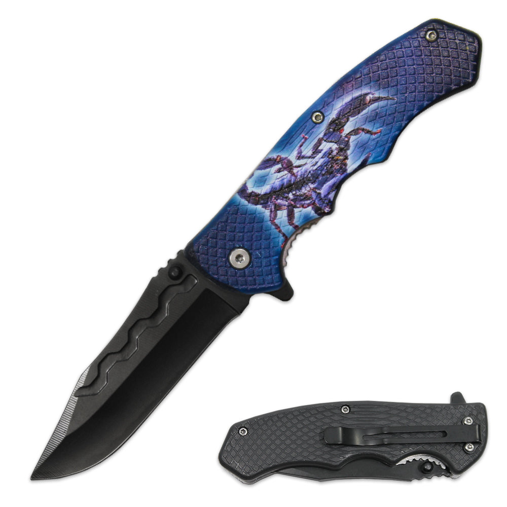 LQ 3279-SC 4.5" Textured Scorpion Handle Assist-Open Folding Knife with Belt Clip - Bladevip