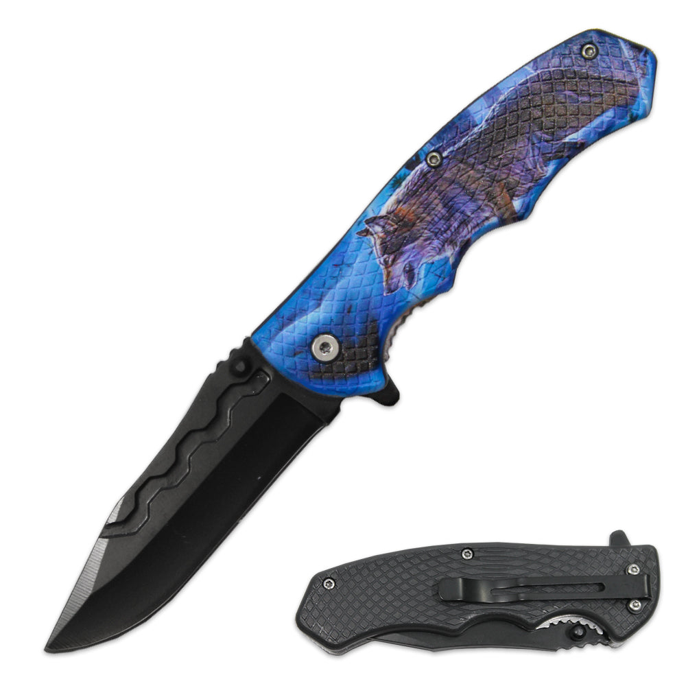 LQ 3279-W1 4.5" Textured Wolf Handle Assist-Open Folding Knife with Belt Clip - Bladevip