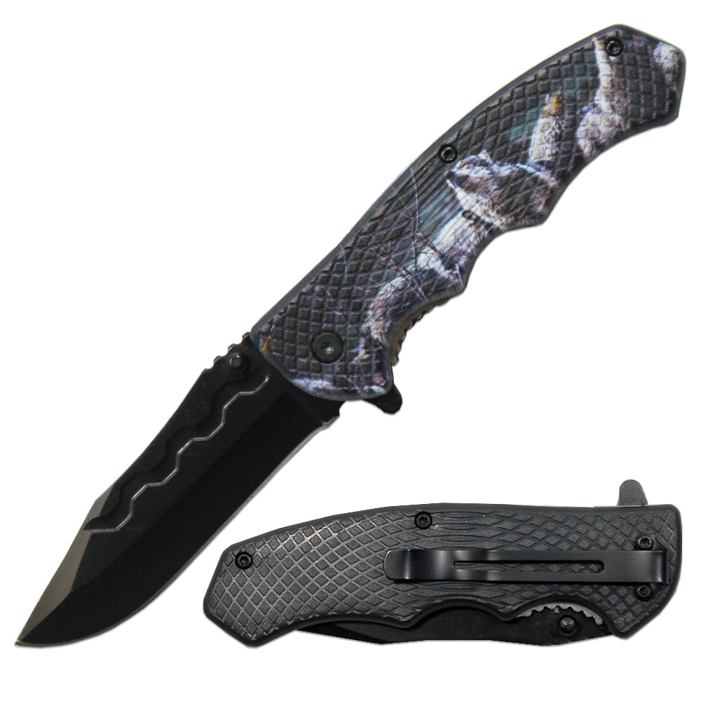 LQ 3279-W2 4.5" Textured Wolf Handle Assist-Open Folding Knife with Belt Clip - Bladevip