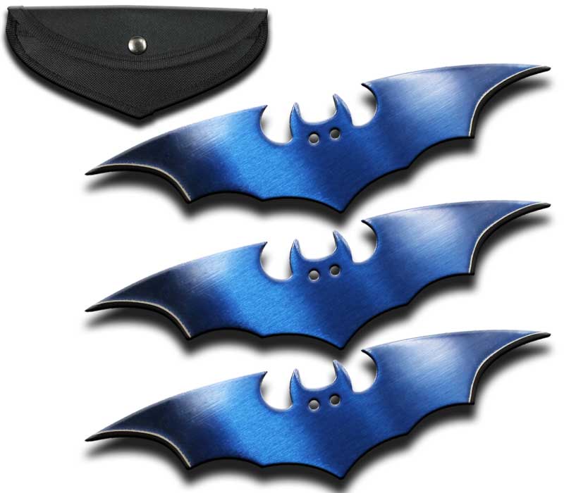 MB 4575-BL 6" Bat Blue Throwing Knives 3 Piece Set with Sheath - Bladevip