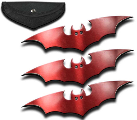 MB 4575-RD 6" Bat Red Throwing Knives 3 Piece Set with Sheath - Bladevip