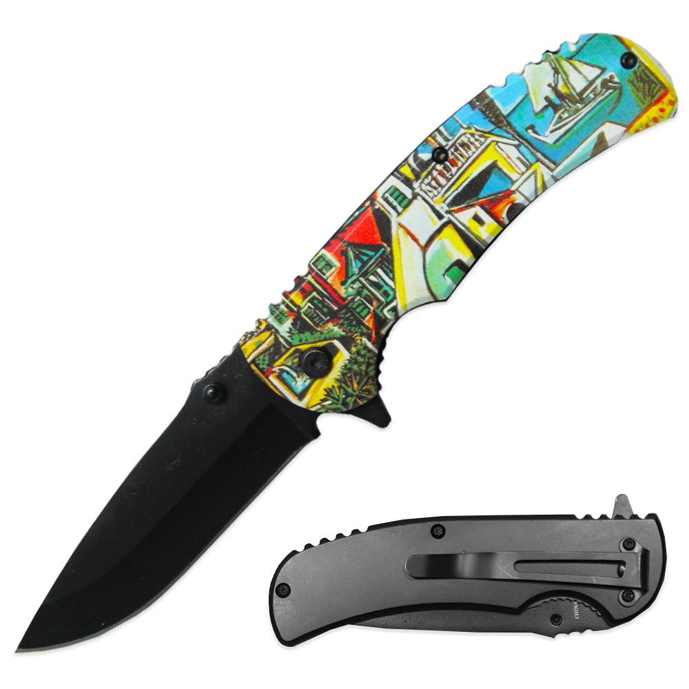 4.5" Contemporary Art Metal Handle Assist-Open Folding Knife - Bladevip